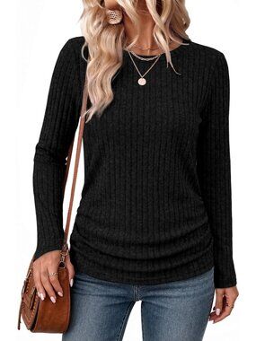 👚Women's Black Long Sleeve Shirts Side Ruched Early Fall Crewneck Tunic Tops